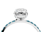 White gold Emerald Cut Diamond Solitaire Ring with Round Blue Topaz Pavé Band and Prong Setting_4
