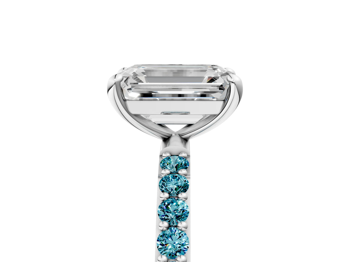 White gold Emerald Cut Diamond Solitaire Ring with Round Blue Topaz Pavé Band and Prong Setting_5