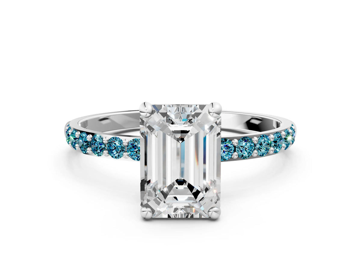 White gold Emerald Cut Diamond Solitaire Ring with Round Blue Topaz Pavé Band and Prong Setting