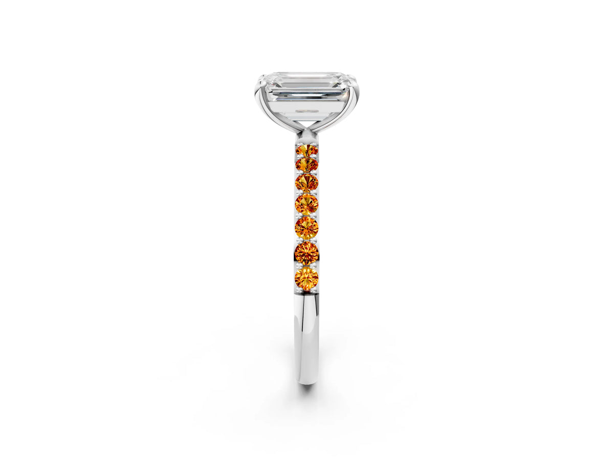 White gold Emerald Cut Diamond Solitaire Ring with Round Citrine Pavé Band and Prong Setting_2