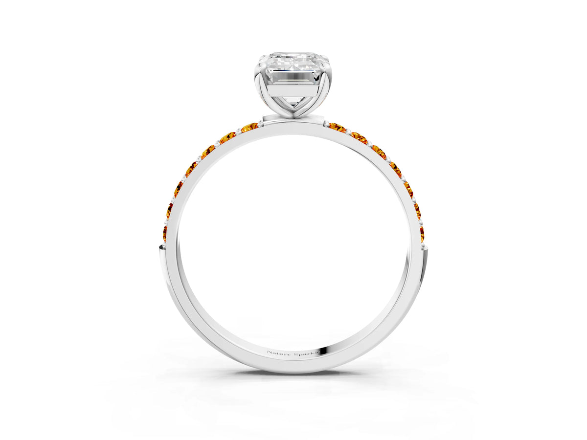 White gold Emerald Cut Diamond Solitaire Ring with Round Citrine Pavé Band and Prong Setting_3