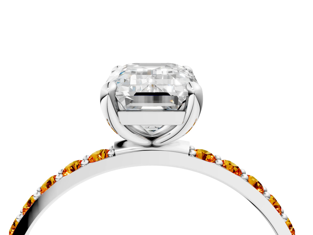 White gold Emerald Cut Diamond Solitaire Ring with Round Citrine Pavé Band and Prong Setting_4