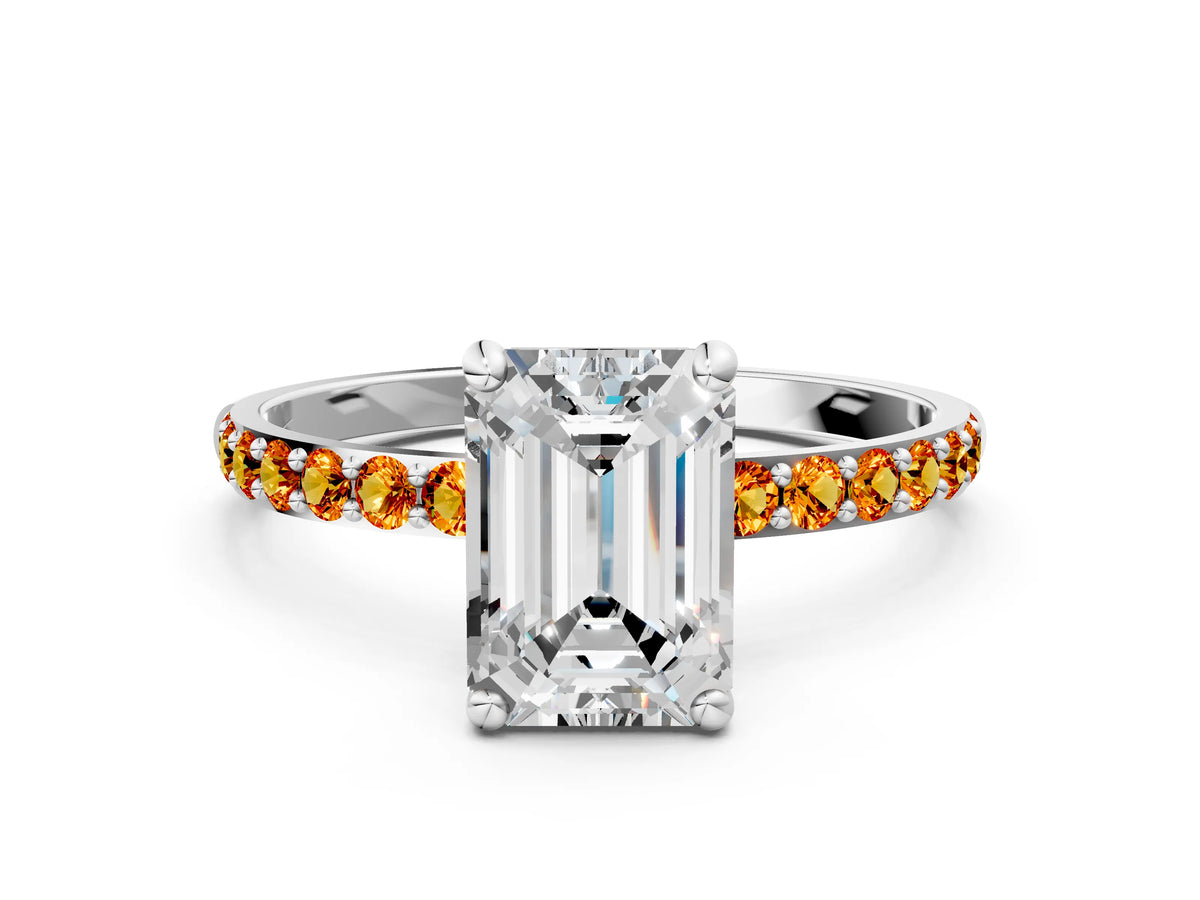 White gold Emerald Cut Diamond Solitaire Ring with Round Citrine Pavé Band and Prong Setting