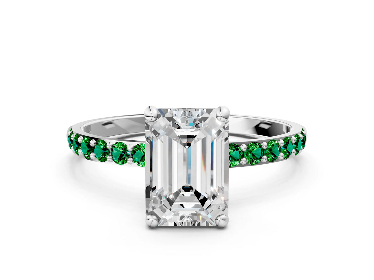 White gold Emerald Cut Diamond Solitaire Ring with Round Emerald Pavé Band and Prong Setting