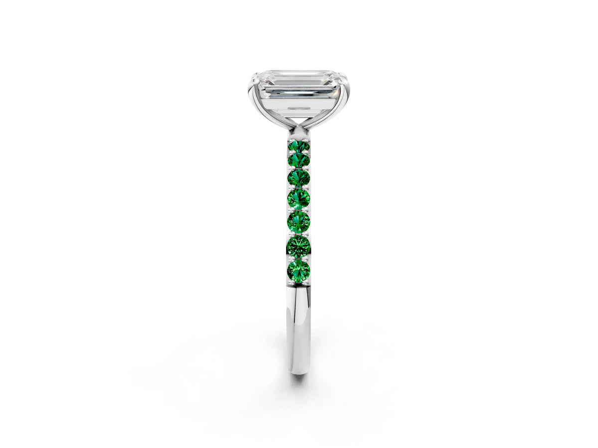 White gold Emerald Cut Diamond Solitaire Ring with Round Emerald Pavé Band and Prong Setting_2