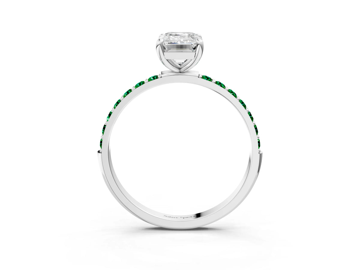 White gold Emerald Cut Diamond Solitaire Ring with Round Emerald Pavé Band and Prong Setting_3