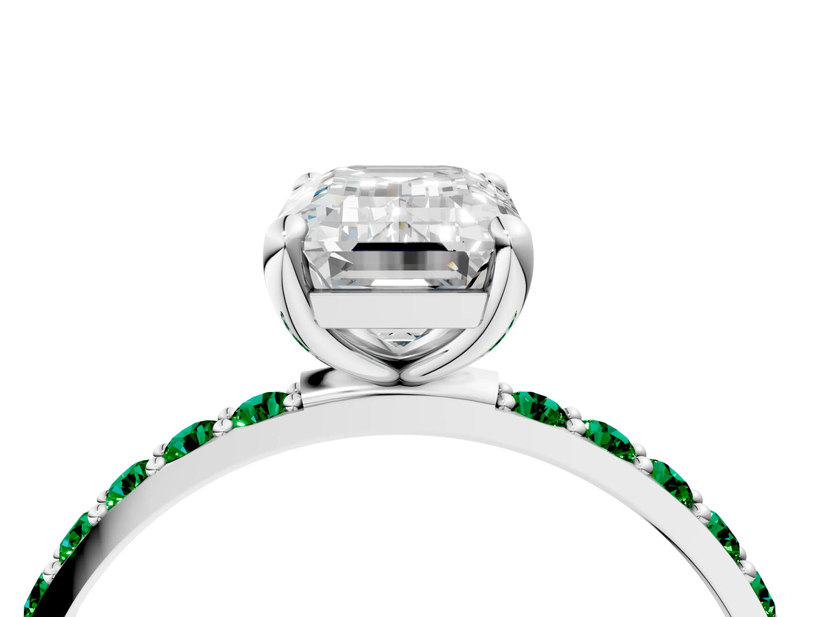 White gold Emerald Cut Diamond Solitaire Ring with Round Emerald Pavé Band and Prong Setting_4