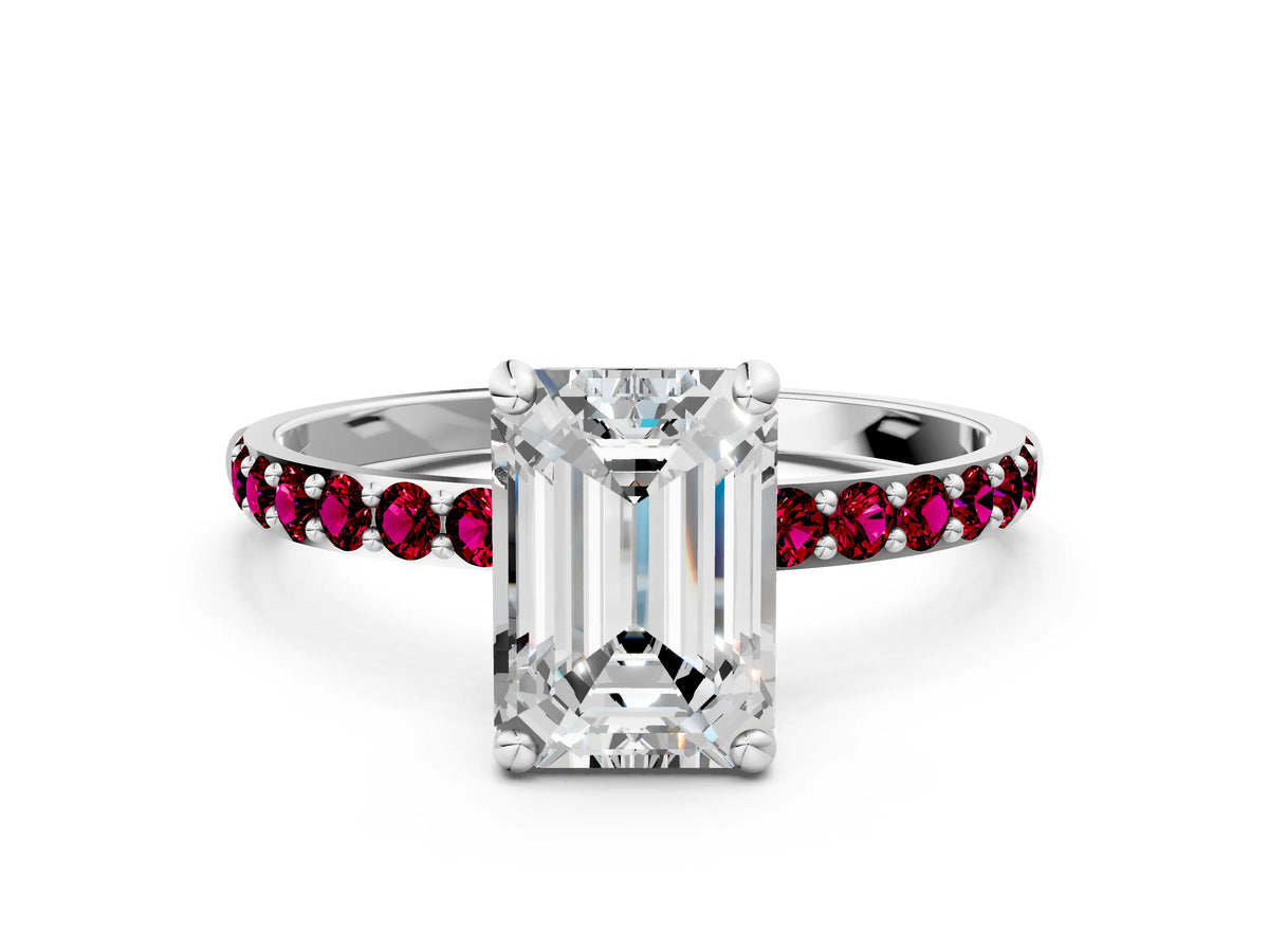 White gold Emerald Cut Diamond Solitaire Ring with Round Garnet Pavé Band and Prong Setting