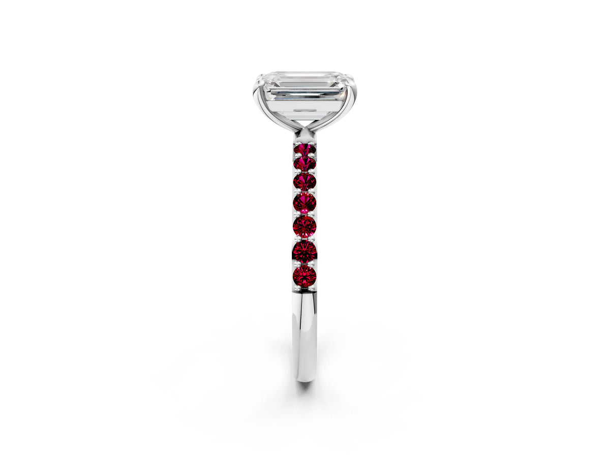 White gold Emerald Cut Diamond Solitaire Ring with Round Garnet Pavé Band and Prong Setting_2