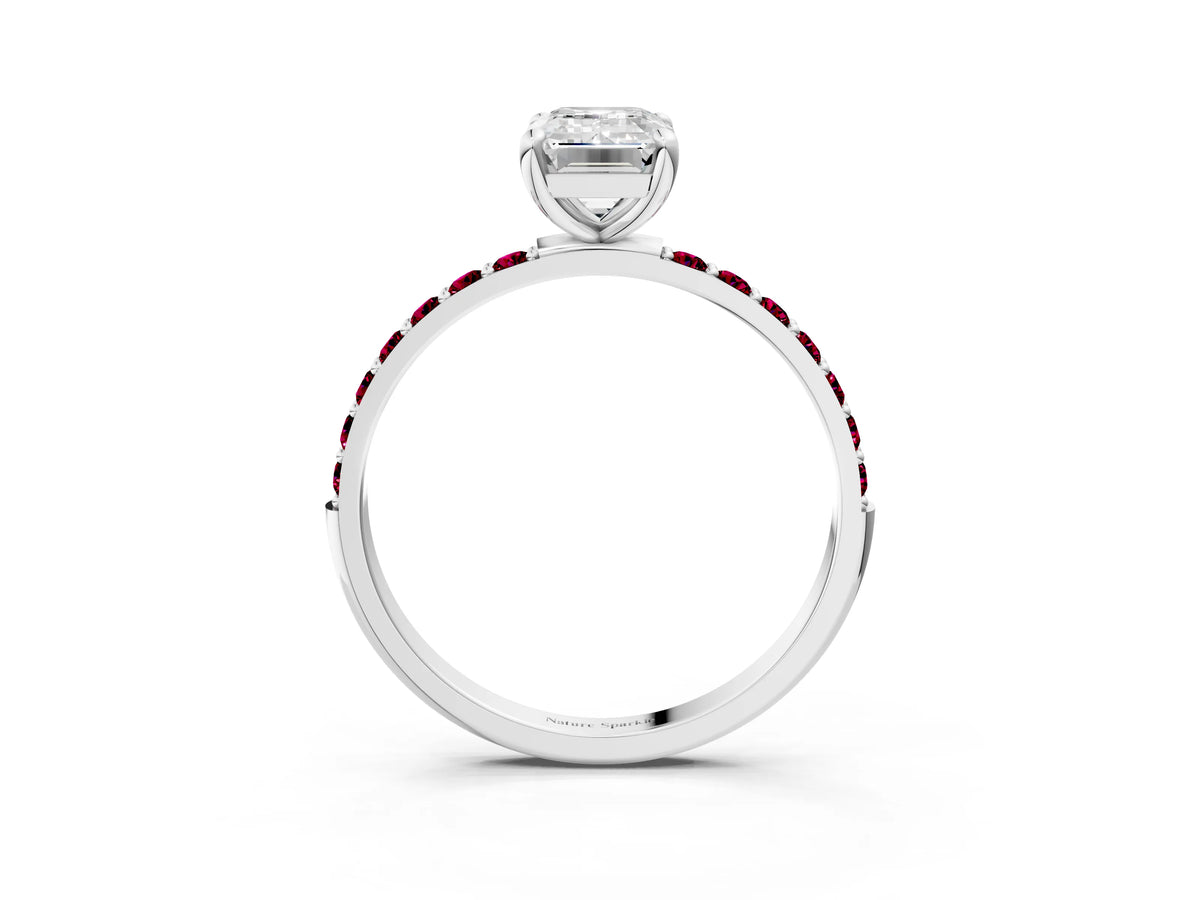 White gold Emerald Cut Diamond Solitaire Ring with Round Garnet Pavé Band and Prong Setting_3