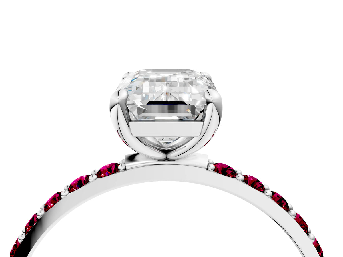 White gold Emerald Cut Diamond Solitaire Ring with Round Garnet Pavé Band and Prong Setting_4
