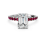 White gold Emerald Cut Diamond Solitaire Ring with Round Garnet Pavé Band and Prong Setting
