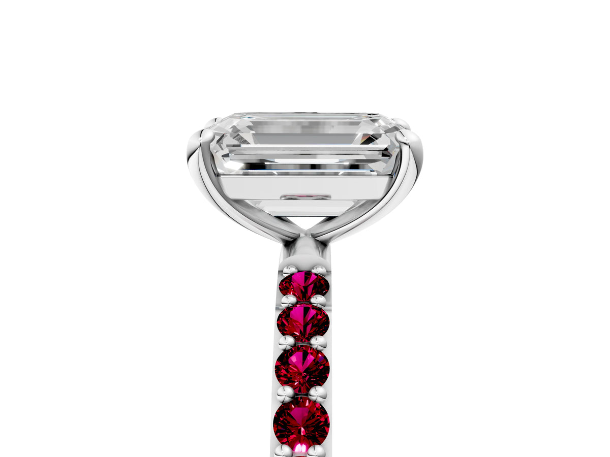 White gold Emerald Cut Diamond Solitaire Ring with Round Garnet Pavé Band and Prong Setting_5