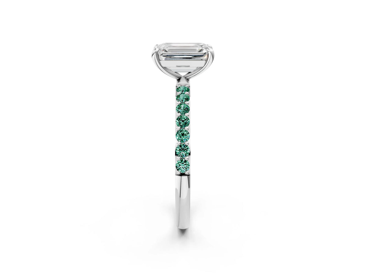 White gold Emerald Cut Diamond Solitaire Ring with Round Green Sapphire Pavé Band and Prong Setting_2