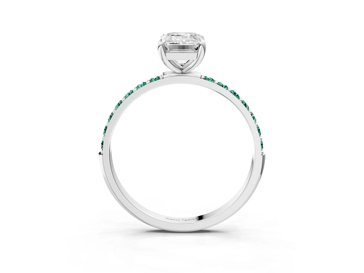 White gold Emerald Cut Diamond Solitaire Ring with Round Green Sapphire Pavé Band and Prong Setting_3