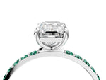 White gold Emerald Cut Diamond Solitaire Ring with Round Green Sapphire Pavé Band and Prong Setting_4