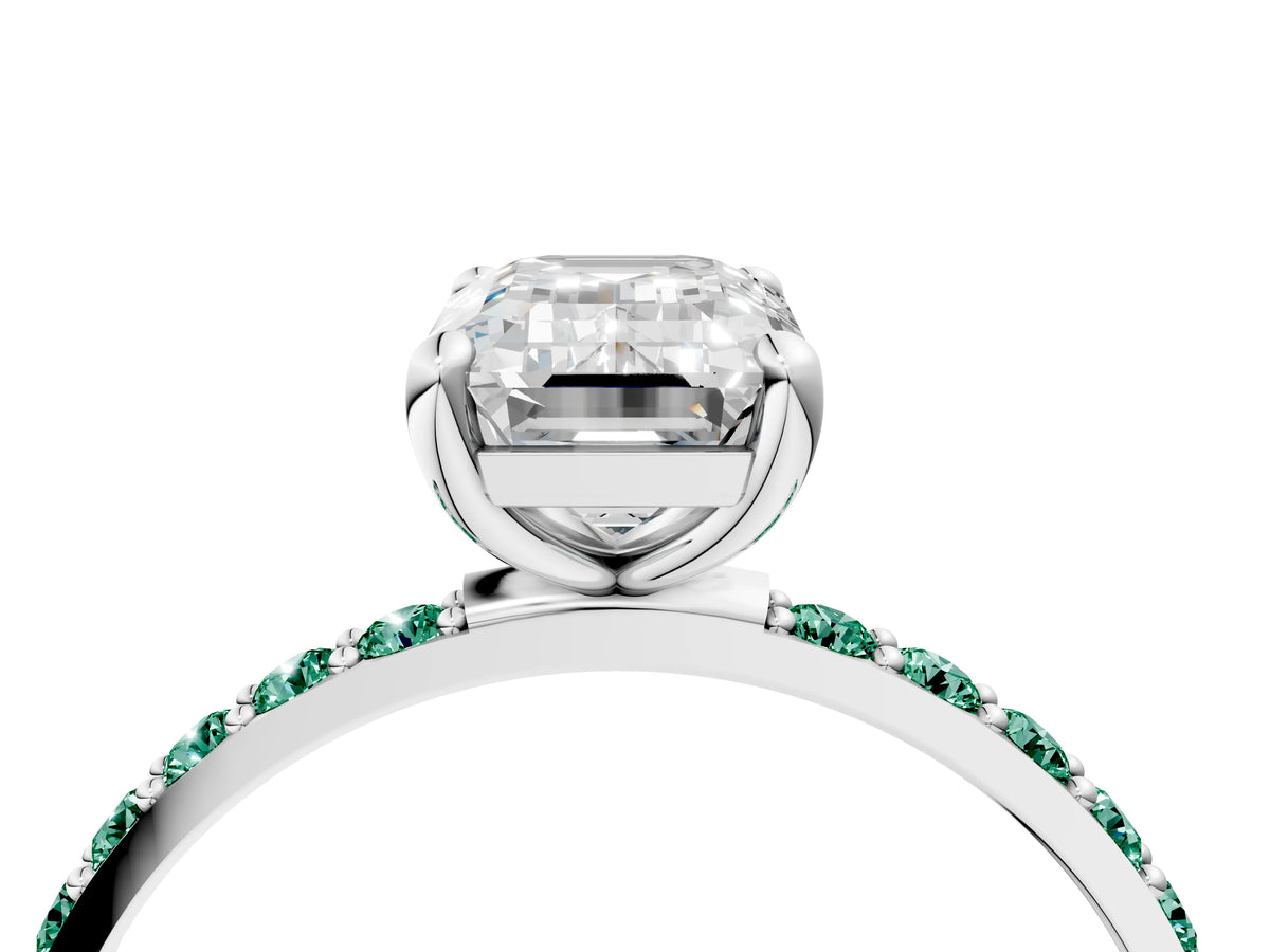White gold Emerald Cut Diamond Solitaire Ring with Round Green Sapphire Pavé Band and Prong Setting_4