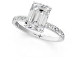 White gold Emerald Cut Diamond Solitaire Ring with Round Moissanite Pavé Band and Prong Setting_1