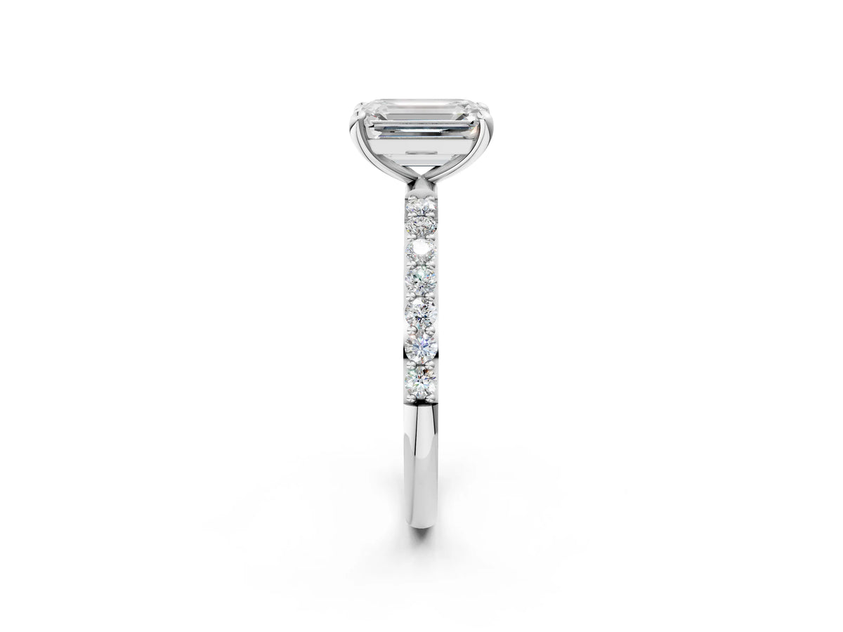 White gold Emerald Cut Diamond Solitaire Ring with Round Moissanite Pavé Band and Prong Setting_2