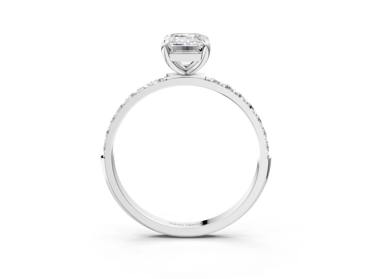 White gold Emerald Cut Diamond Solitaire Ring with Round Moissanite Pavé Band and Prong Setting_3