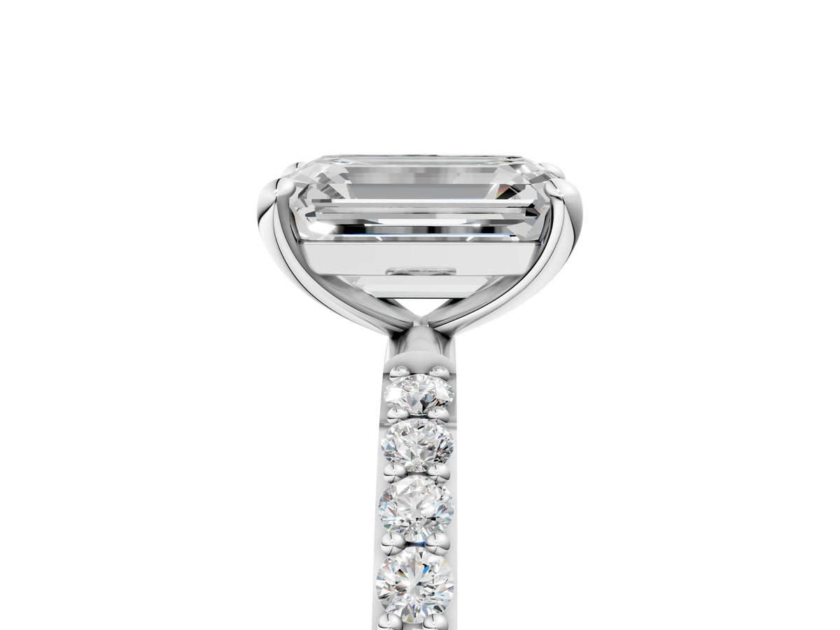 White gold Emerald Cut Diamond Solitaire Ring with Round Moissanite Pavé Band and Prong Setting_5