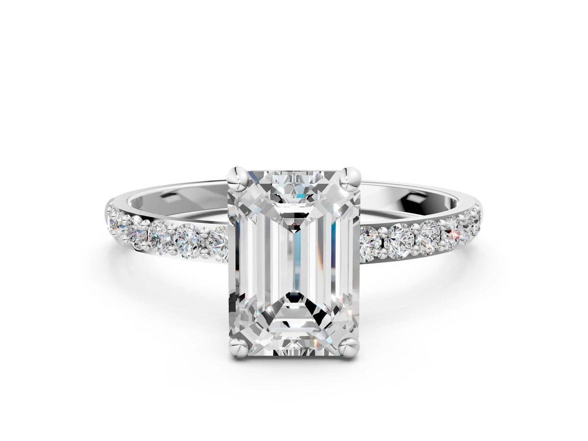 White gold Emerald Cut Diamond Solitaire Ring with Round Moissanite Pavé Band and Prong Setting