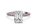 White gold Emerald Cut Diamond Solitaire Ring with Round Morganite Pavé Band and Prong Setting