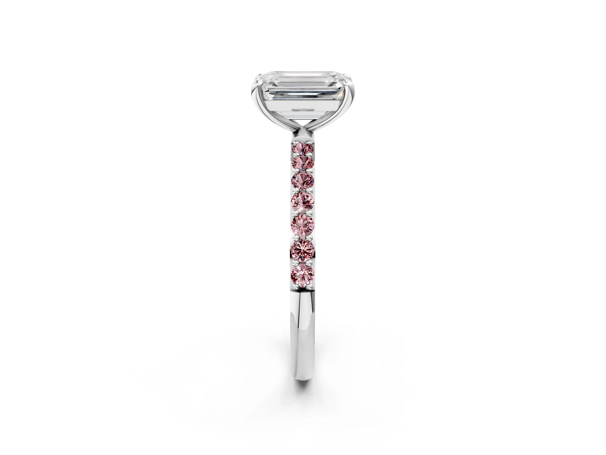 White gold Emerald Cut Diamond Solitaire Ring with Round Morganite Pavé Band and Prong Setting_2