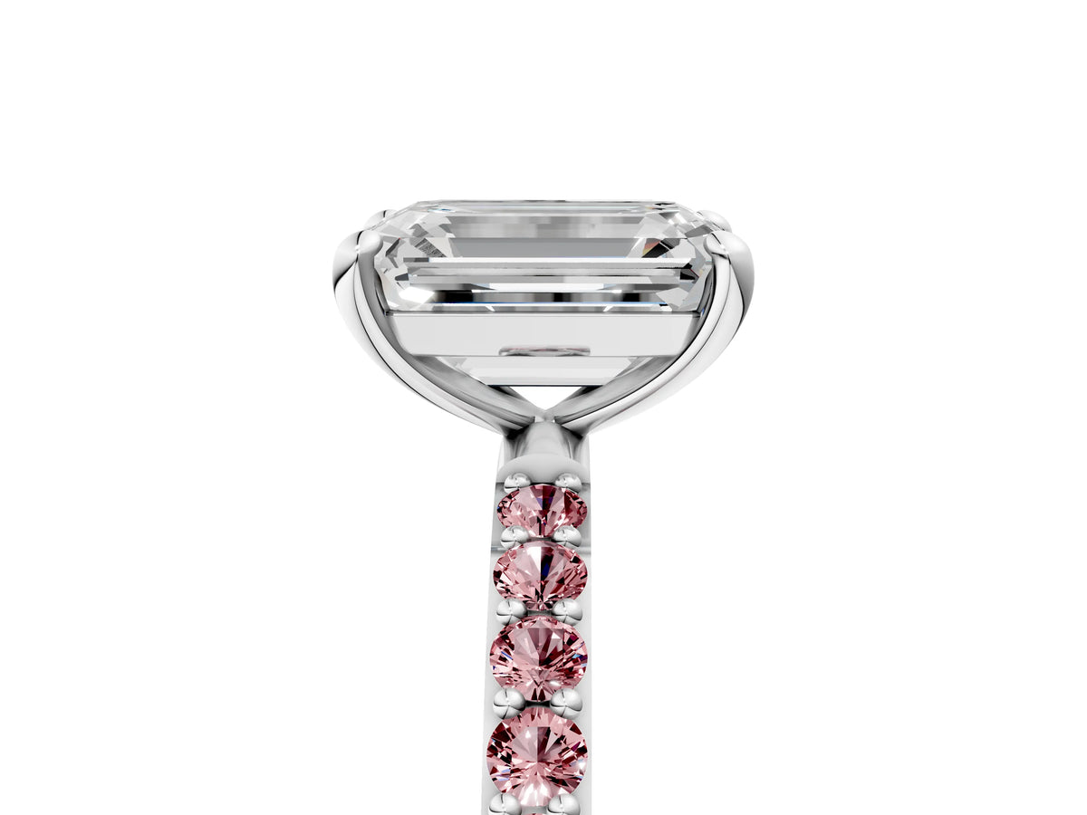 White gold Emerald Cut Diamond Solitaire Ring with Round Morganite Pavé Band and Prong Setting_5