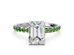 White gold Emerald Cut Diamond Solitaire Ring with Round Peridot Pavé Band and Prong Setting