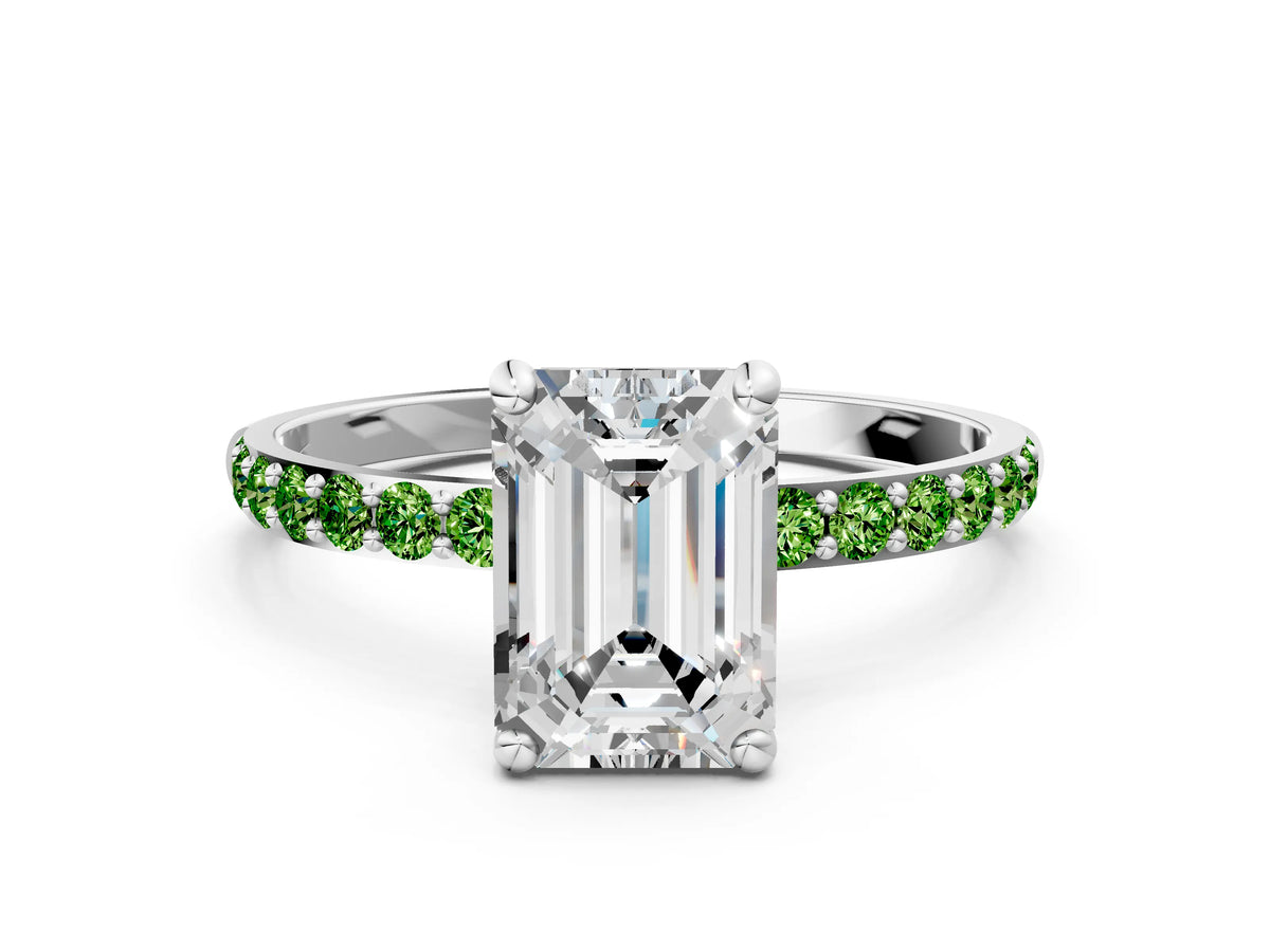 White gold Emerald Cut Diamond Solitaire Ring with Round Peridot Pavé Band and Prong Setting