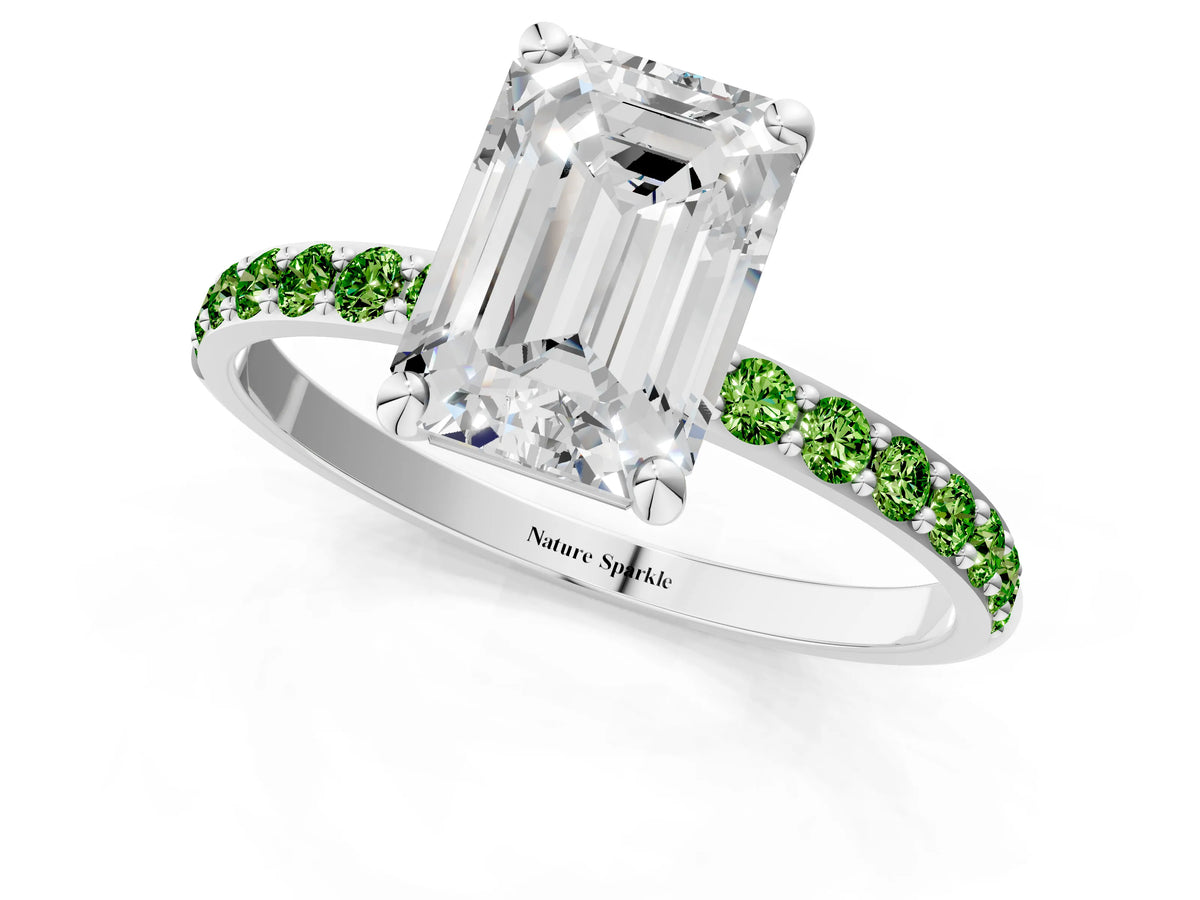 White gold Emerald Cut Diamond Solitaire Ring with Round Peridot Pavé Band and Prong Setting_1