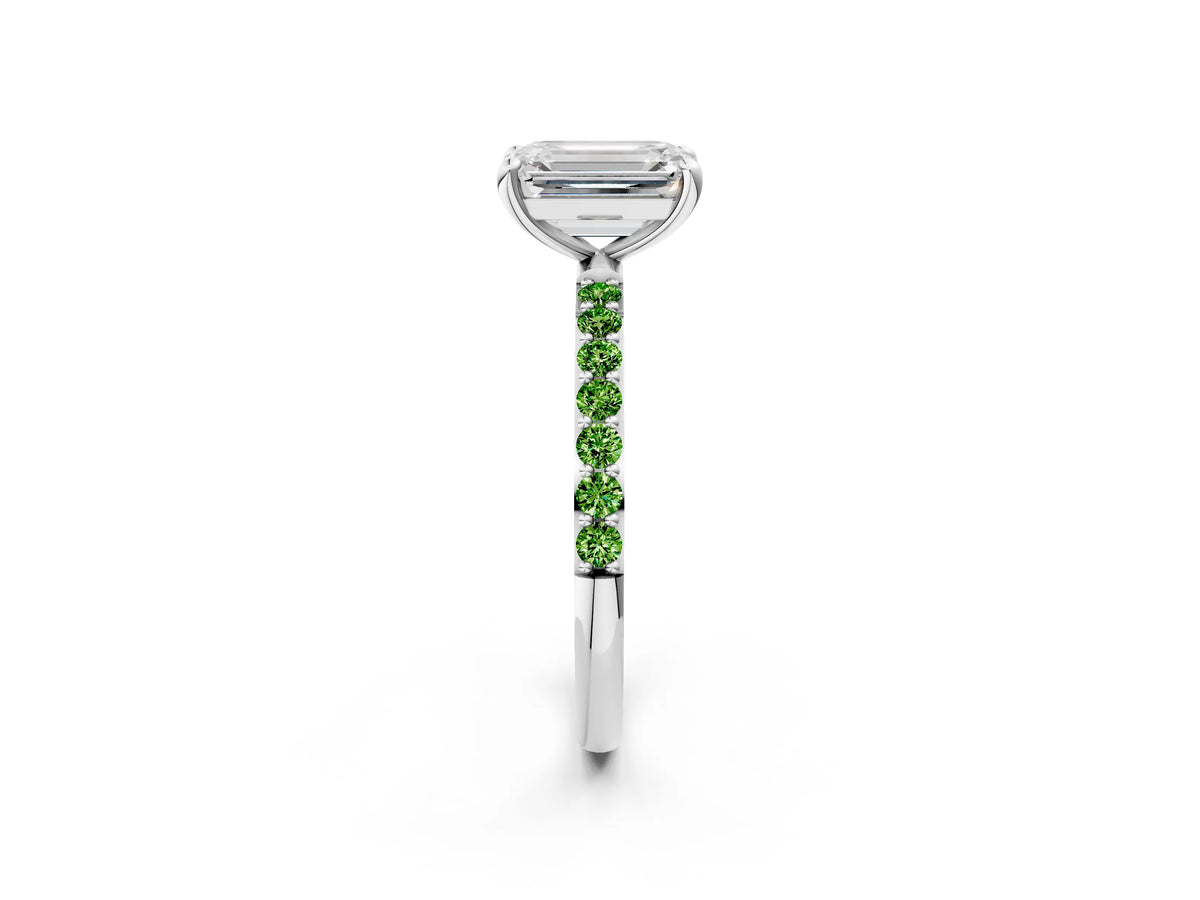 White gold Emerald Cut Diamond Solitaire Ring with Round Peridot Pavé Band and Prong Setting_2