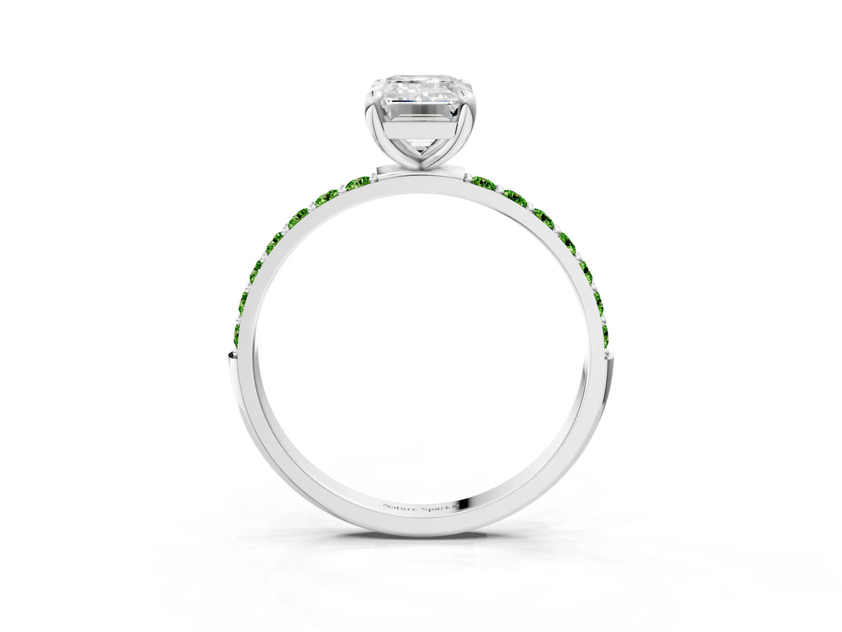 White gold Emerald Cut Diamond Solitaire Ring with Round Peridot Pavé Band and Prong Setting_3
