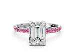 White gold Emerald Cut Diamond Solitaire Ring with Round Pink Sapphire Pavé Band and Prong Setting