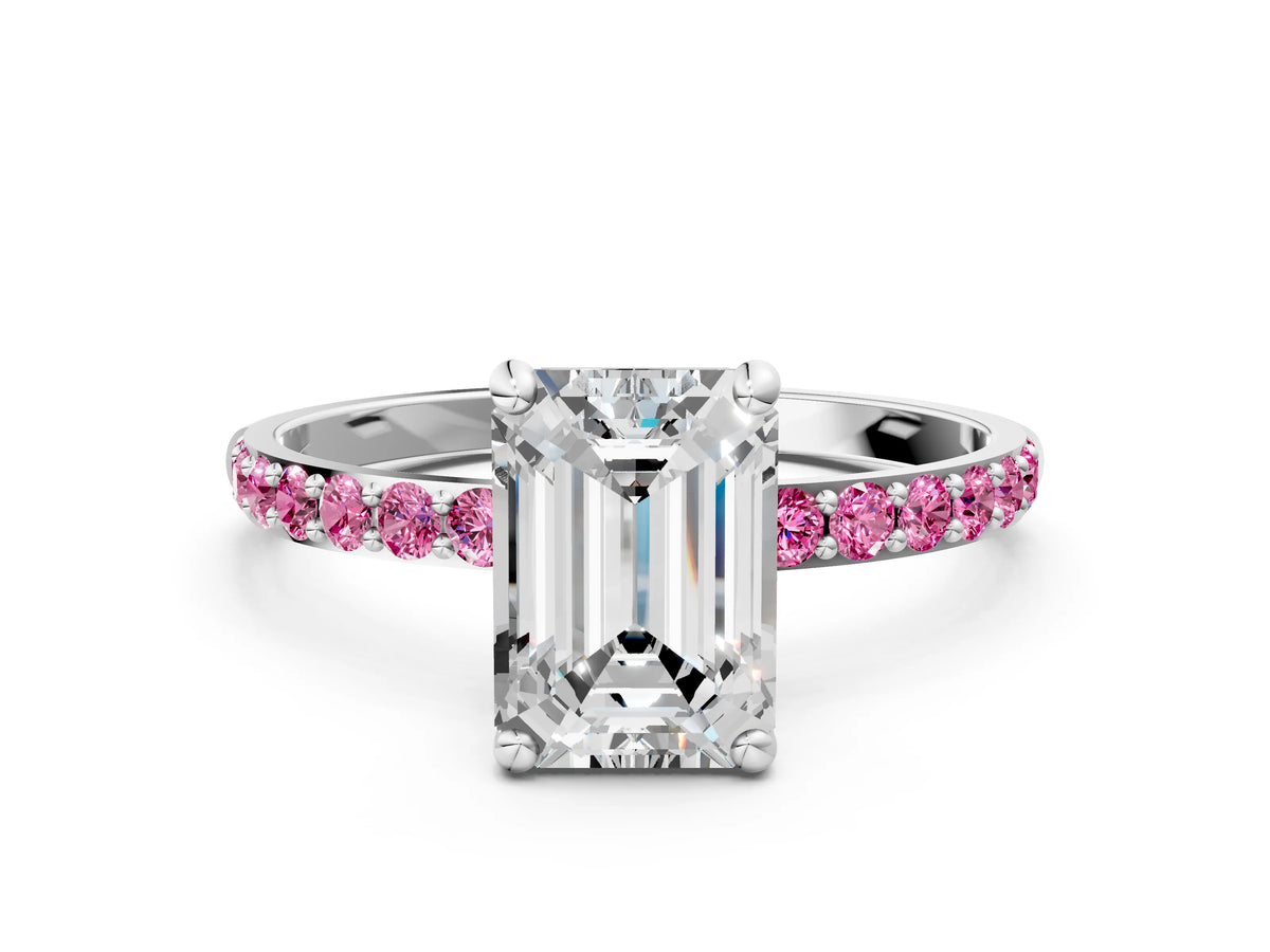 White gold Emerald Cut Diamond Solitaire Ring with Round Pink Sapphire Pavé Band and Prong Setting