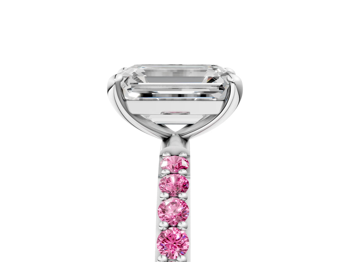White gold Emerald Cut Diamond Solitaire Ring with Round Pink Sapphire Pavé Band and Prong Setting_5