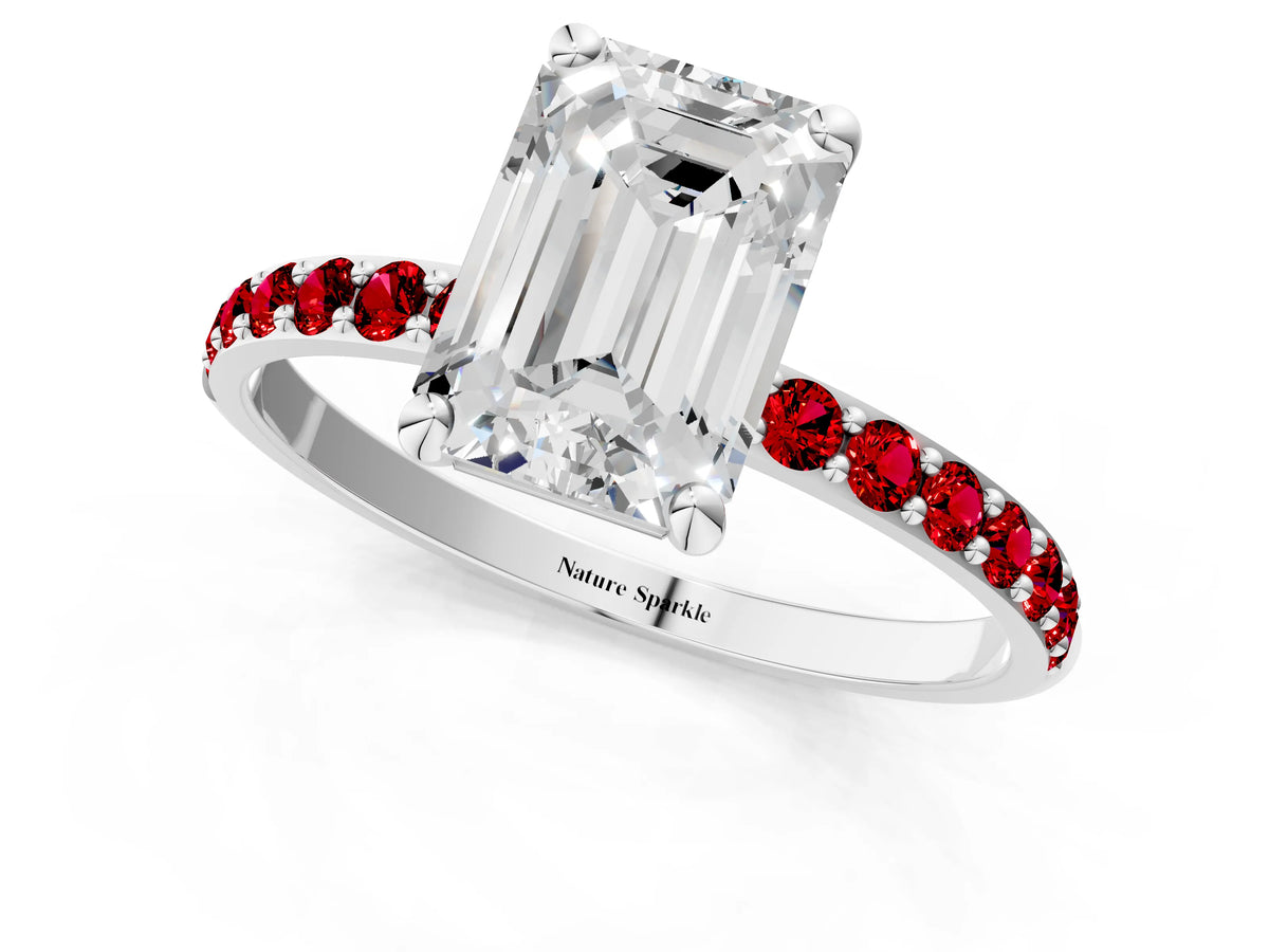 White gold Emerald Cut Diamond Solitaire Ring with Round Ruby Pavé Band and Prong Setting_1