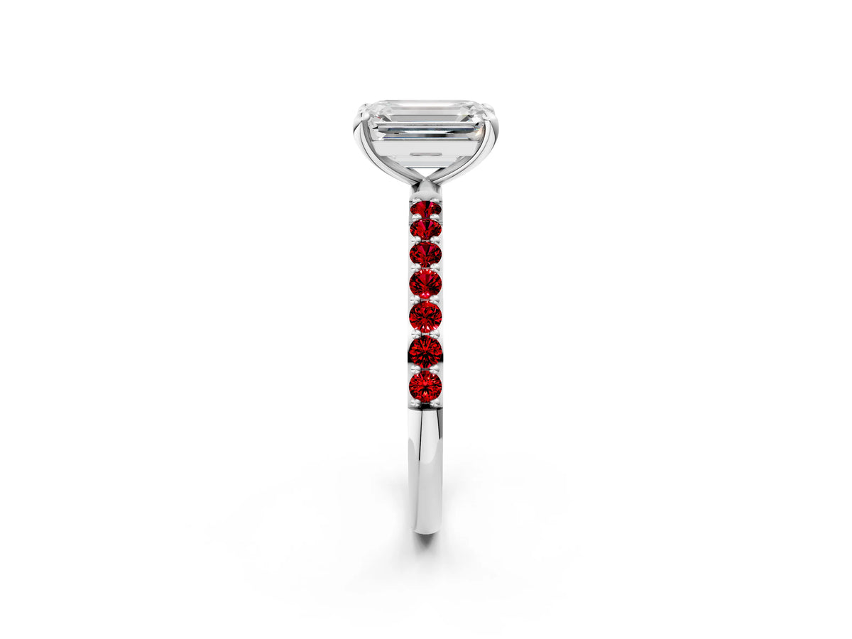 White gold Emerald Cut Diamond Solitaire Ring with Round Ruby Pavé Band and Prong Setting_2