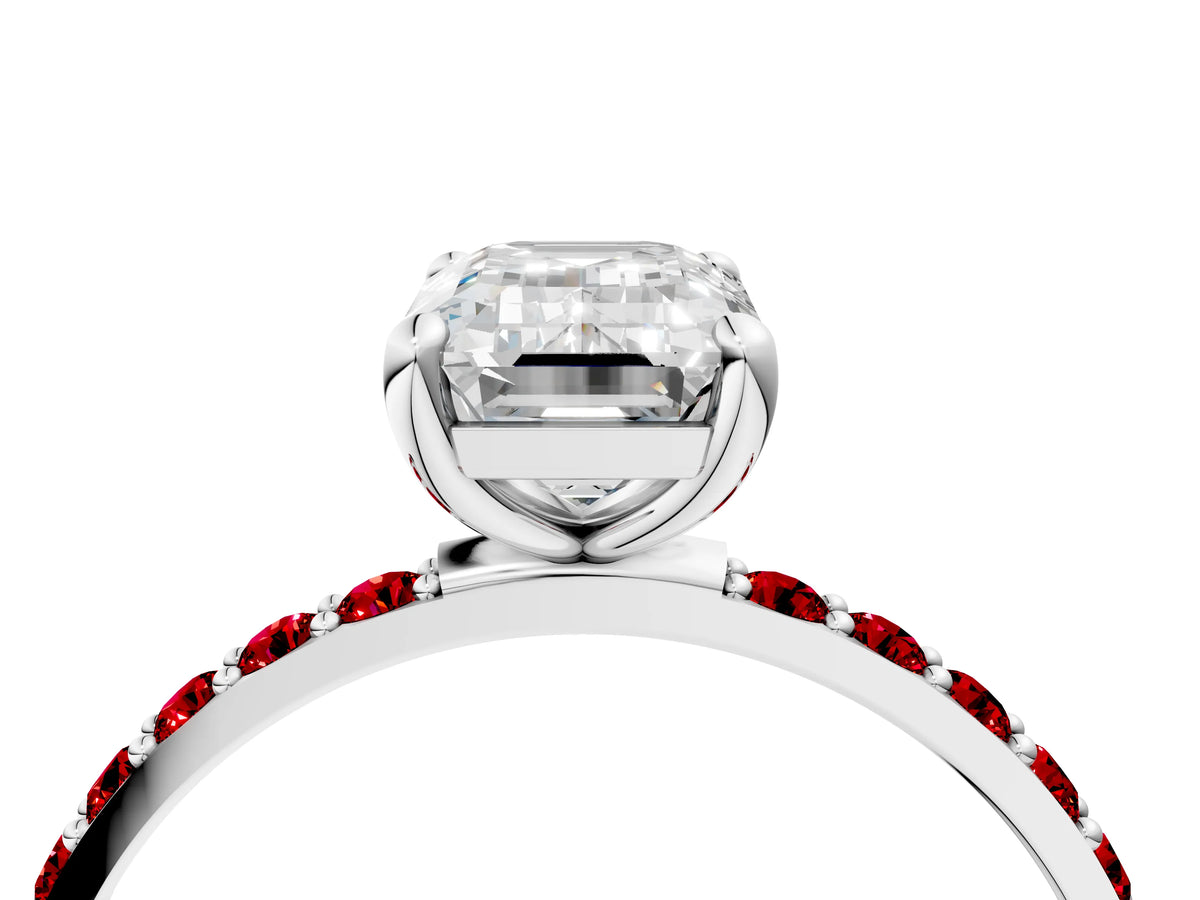 White gold Emerald Cut Diamond Solitaire Ring with Round Ruby Pavé Band and Prong Setting_4