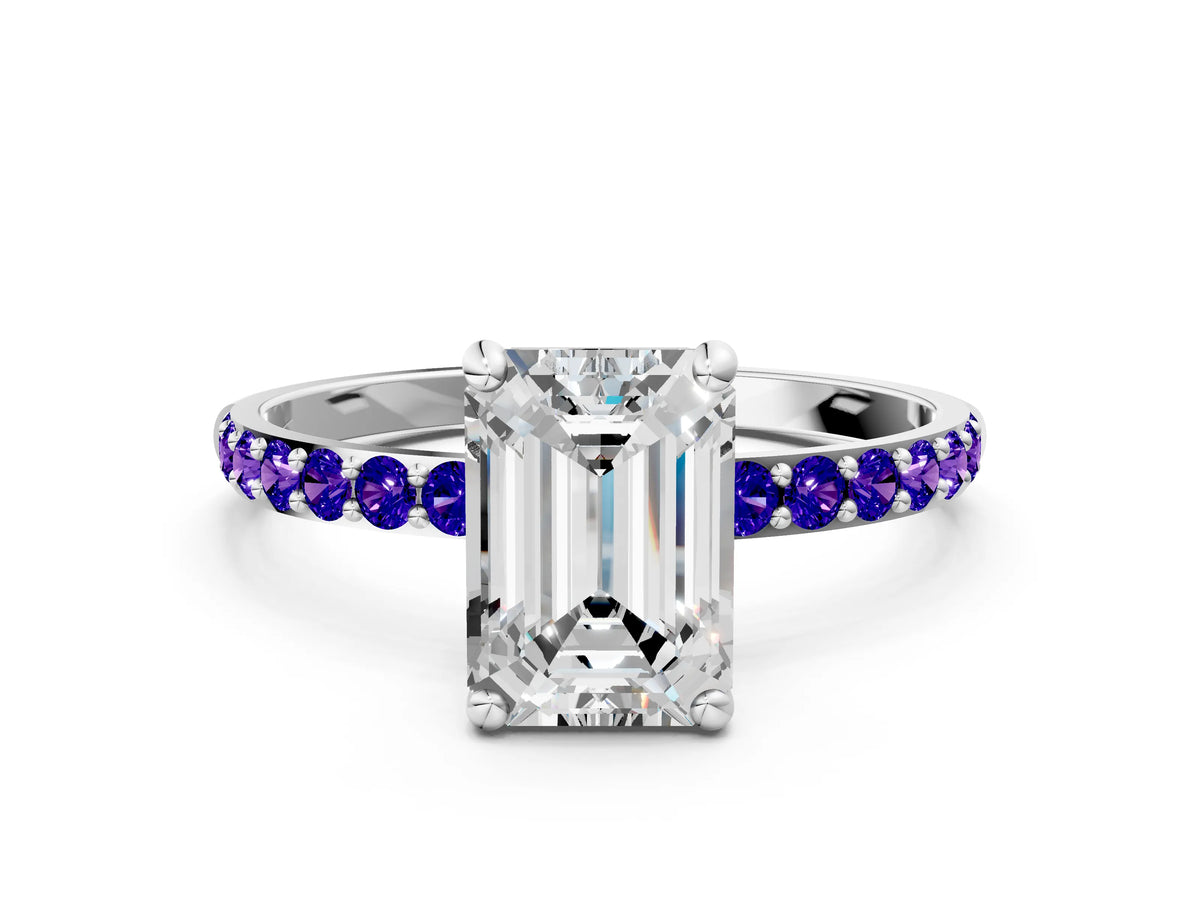 White gold Emerald Cut Diamond Solitaire Ring with Round Tanzanite Pavé Band and Prong Setting