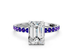 White gold Emerald Cut Diamond Solitaire Ring with Round Tanzanite Pavé Band and Prong Setting