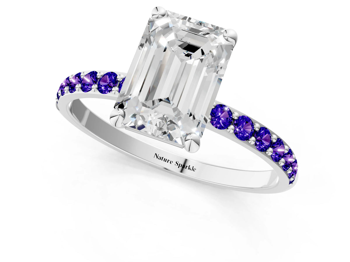 White gold Emerald Cut Diamond Solitaire Ring with Round Tanzanite Pavé Band and Prong Setting_1