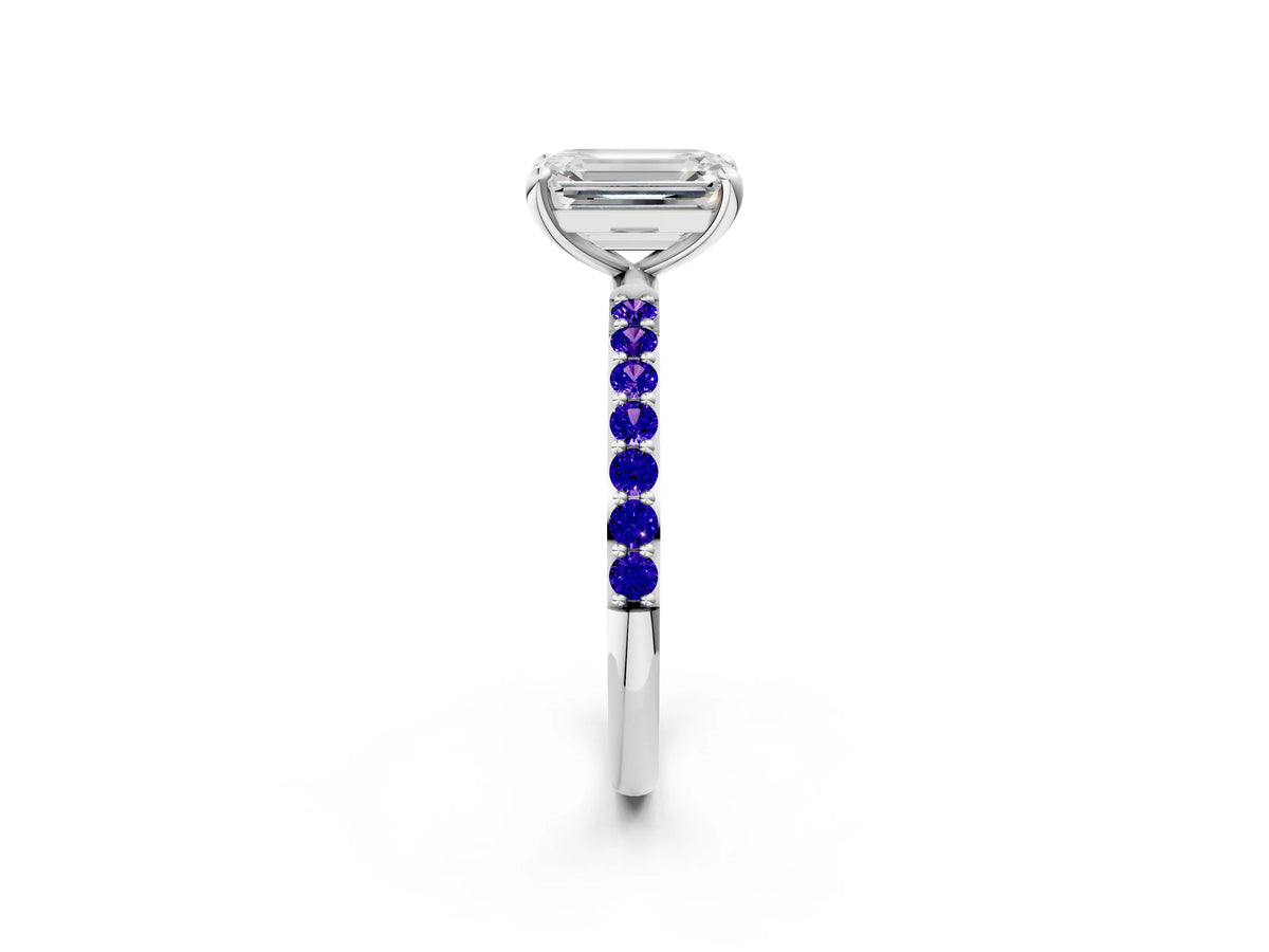 White gold Emerald Cut Diamond Solitaire Ring with Round Tanzanite Pavé Band and Prong Setting_2