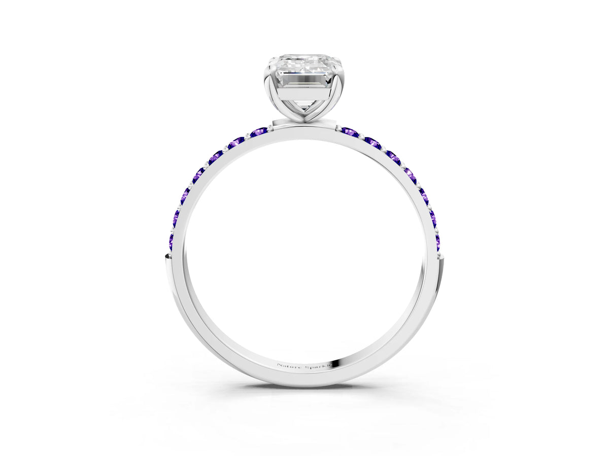 White gold Emerald Cut Diamond Solitaire Ring with Round Tanzanite Pavé Band and Prong Setting_3