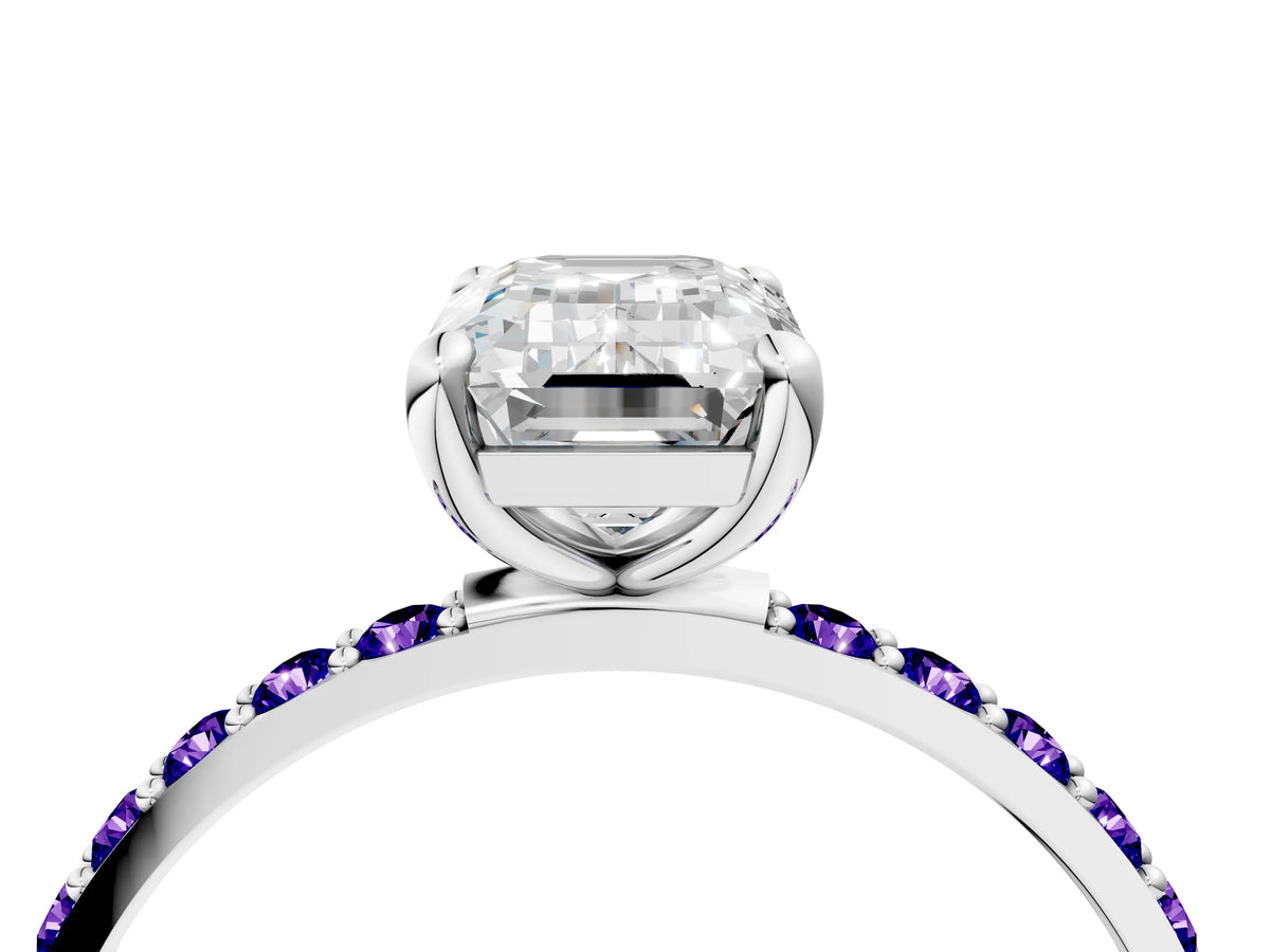 White gold Emerald Cut Diamond Solitaire Ring with Round Tanzanite Pavé Band and Prong Setting_4