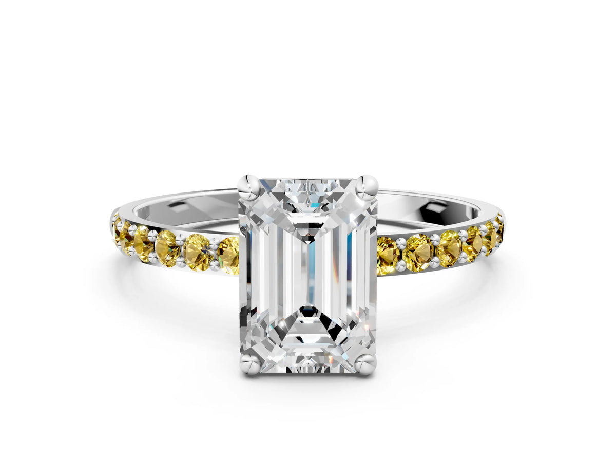 White gold Emerald Cut Diamond Solitaire Ring with Round Yellow Sapphire Pavé Band and Prong Setting