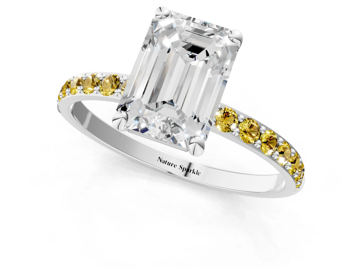 White gold Emerald Cut Diamond Solitaire Ring with Round Yellow Sapphire Pavé Band and Prong Setting_1