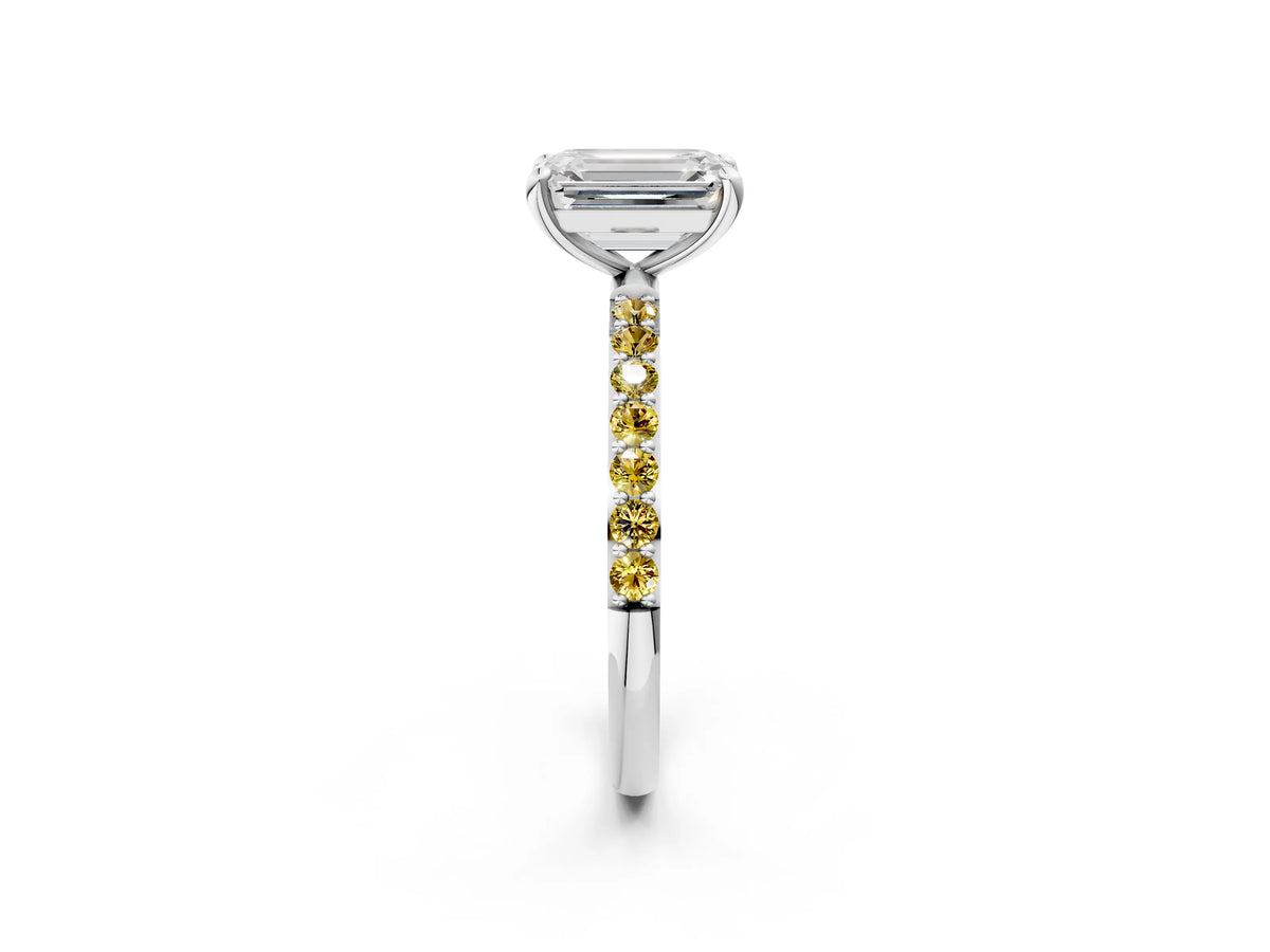 White gold Emerald Cut Diamond Solitaire Ring with Round Yellow Sapphire Pavé Band and Prong Setting_2