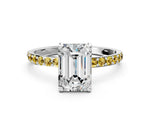 White gold Emerald Cut Diamond Solitaire Ring with Round Yellow Sapphire Pavé Band and Prong Setting